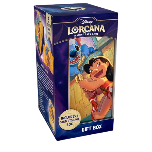 A product image featuring the Disney Lorcana trading card game gift box, which includes a foil card with Lilo and Stitch artwork and Booster Packs.